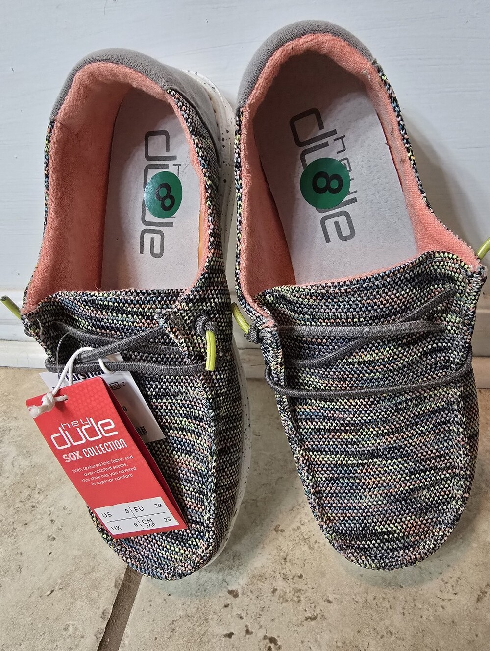 NWT Hey Dude Wendy Womens Size 8 Multicolor Knit Slip-On Shoes with Coral Lining